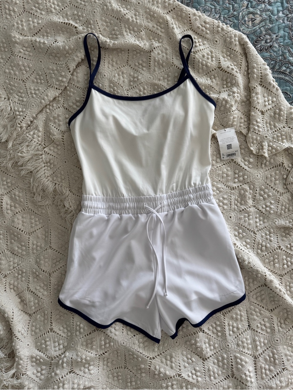 White Cami Romper with Navy Trim - Women's Workout Wear Lounge Comfy